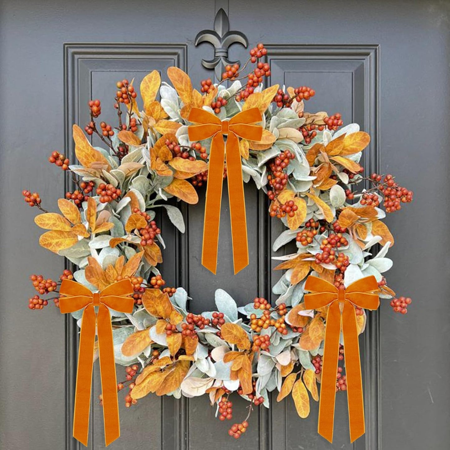 Skiennix 12Pcs Fall Velvet Ribbon Bows - 5in x 10in Orange Christmas Ornaments for Holiday Decor