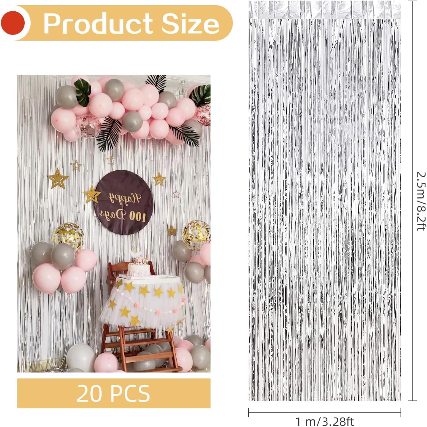 Skiennix Silver Foil Curtain Backdrop - 20 Pack Metallic Tinsel Fringe | 3.2ft x 8.2ft for Parties & Photo Booths