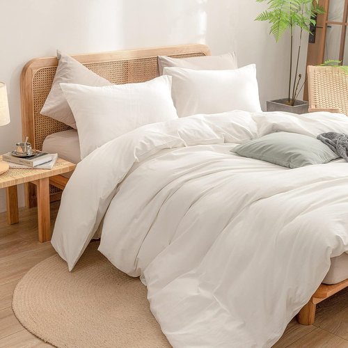 BESTOUCH Duvet Cover Set - 100% Washed Cotton for Soft Comfort | Chic Off-White Queen Size 3-Piece Bedding Set