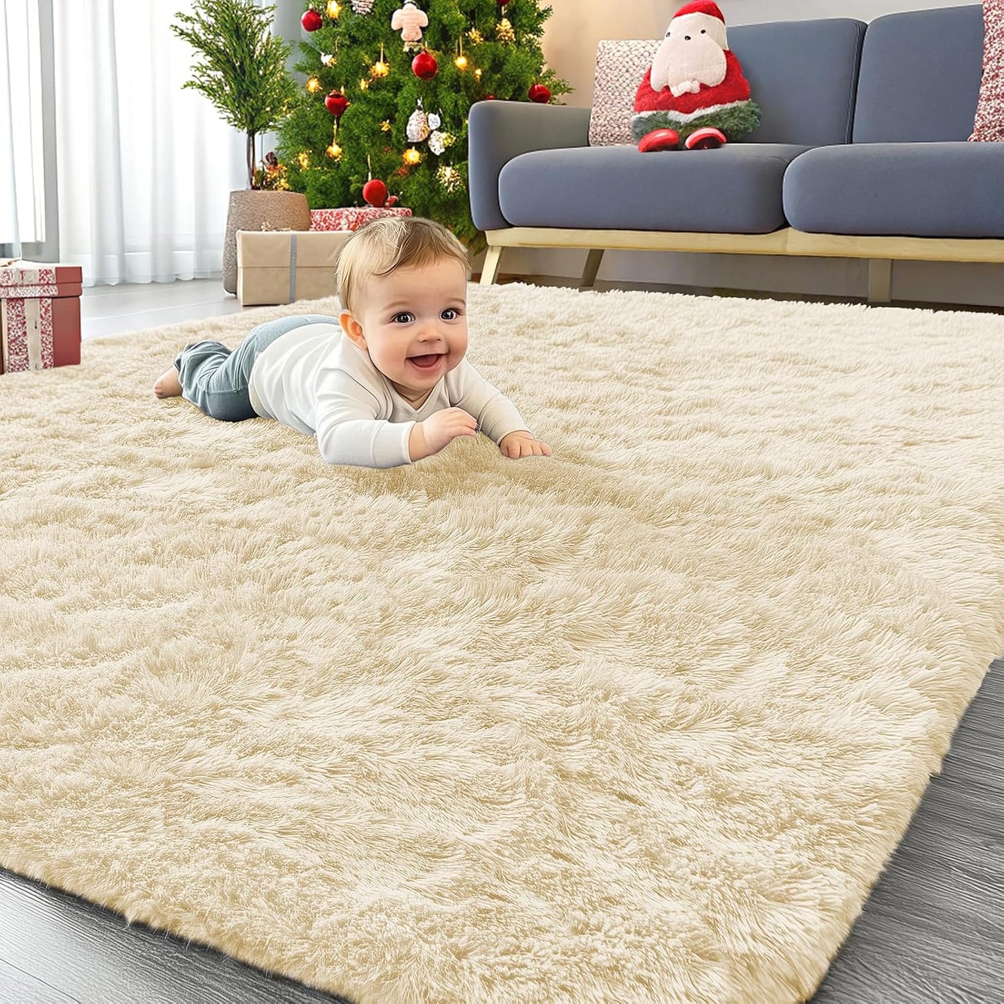 OLANLY Area Rugs - Soft Fluffy Shaggy Carpet for Living Room & Bedroom | Machine Washable 4x5.9 ft in Cream