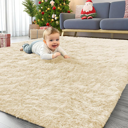 OLANLY Area Rugs - Soft Fluffy Shaggy Carpet for Living Room & Bedroom | Machine Washable 4x5.9 ft in Cream