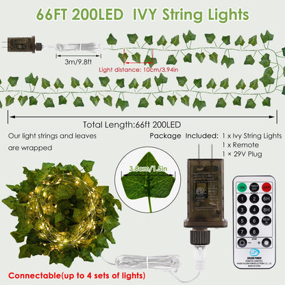 OMIKA 66FT 200 LED Ivy String Lights - Waterproof Fairy Lights with Remote for Bedroom & Garden Decor