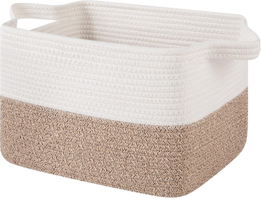 OIAHOMY Woven Storage Basket - Rectangle Cotton Rope Organizer for Toys, Towels & Books | 13 x 10 x 9 in, Brown & White