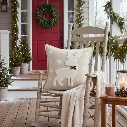 Christmas Reindeer Throw Pillow Covers 18x18 in Plush 3D Embroidery - 2 Pcs