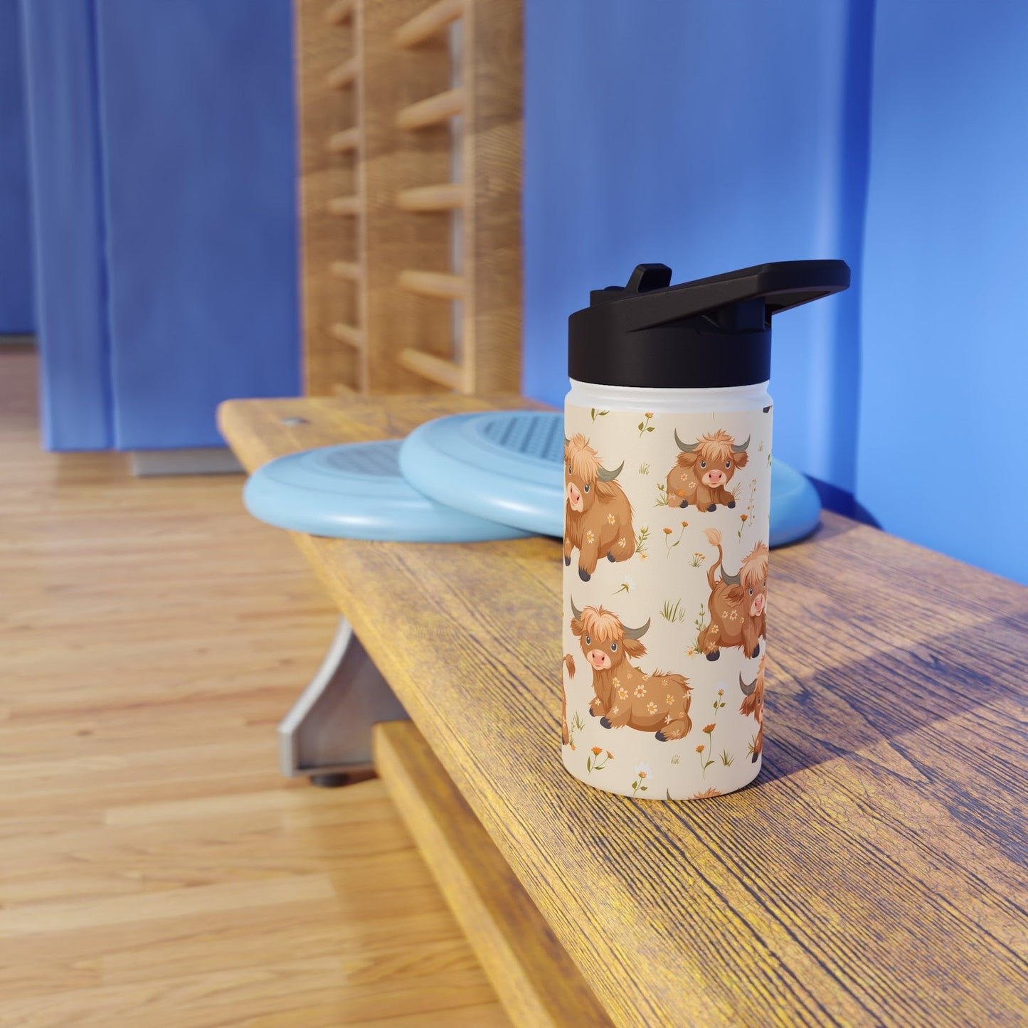 Insulated Water Bottle, 12oz, Cute Highland Cow - Double Walled Stainless Steel, Keeps Drinks Hot or Cold