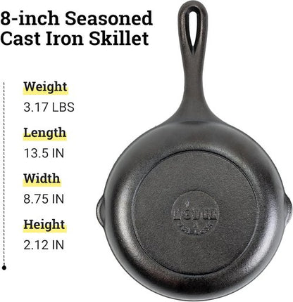 Lodge 8" Cast Iron Skillet - Chef Collection - Perfect Sear & Ergonomic Handles - Superior Heat Retention