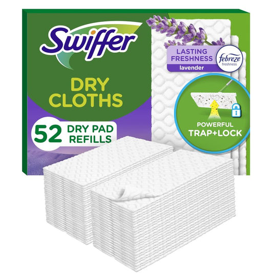Swiffer Sweep + Mop, Dry Pads Refill, Floor Cleaner for Dirt, Dust, Hair, Cleaning Cloths for Mopping Home, Bathroom, Kitchen, Dust Mop, Floor Duster, Lavender, 52ct