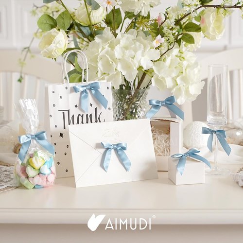 AIMUDI Satin Bows for Gift Wrapping - Dusty Blue Pre-Tied Twist Tie Bows | 50 Count for Weddings & Crafts