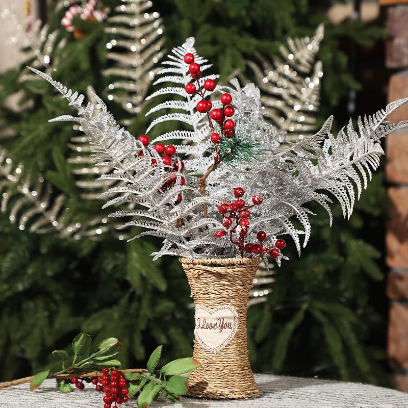 Christmas Glitter Leaves Picks 20 Pcs - Silver Abstract Leaves for Tree, Wreaths, Decor (Variation: Silver+20)