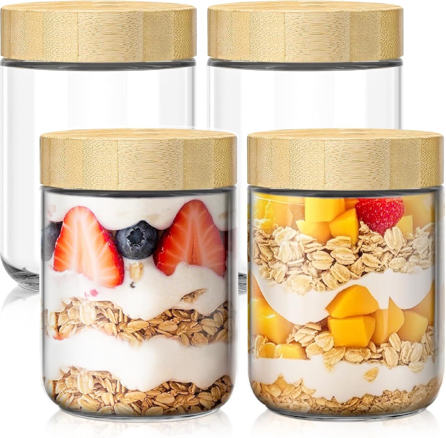 Skiennix 16oz Overnight Oats Containers - Airtight Glass Jars with Bamboo Lids for Meal Prep | 4-Pack