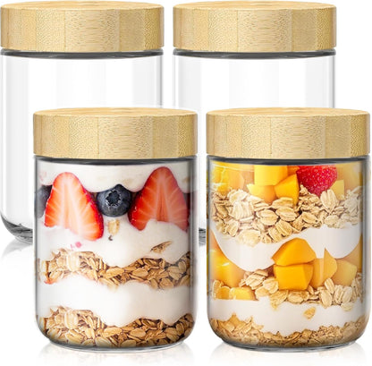 Skiennix 16oz Overnight Oats Containers - Airtight Glass Jars with Bamboo Lids for Meal Prep | 4-Pack