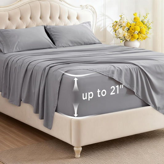 Bedsure Deep Pocket Twin Sheets Set - Soft & Cooling 3-Piece Bed Sheets for Mattresses Up to 21" - Light Grey