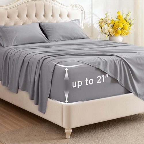 Bedsure Deep Pocket Queen Sheets Set - Fits Mattresses Up to 21 Inches Thick - 4 Piece GentleSoft Bed Sheets, Moisture Wicking, Soft & Cooling Bedsheet & Pillowcases, Easy & Secure Fit, Light Grey