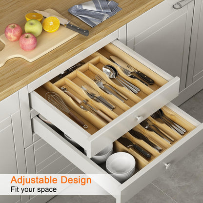 Youpehom Bamboo Utensil Organizer for Kitchen Drawers, Expandable Utensil Tray and Cutlery Silverware Holder,Wood Drawer Dividers with 7 Adjustable Slots