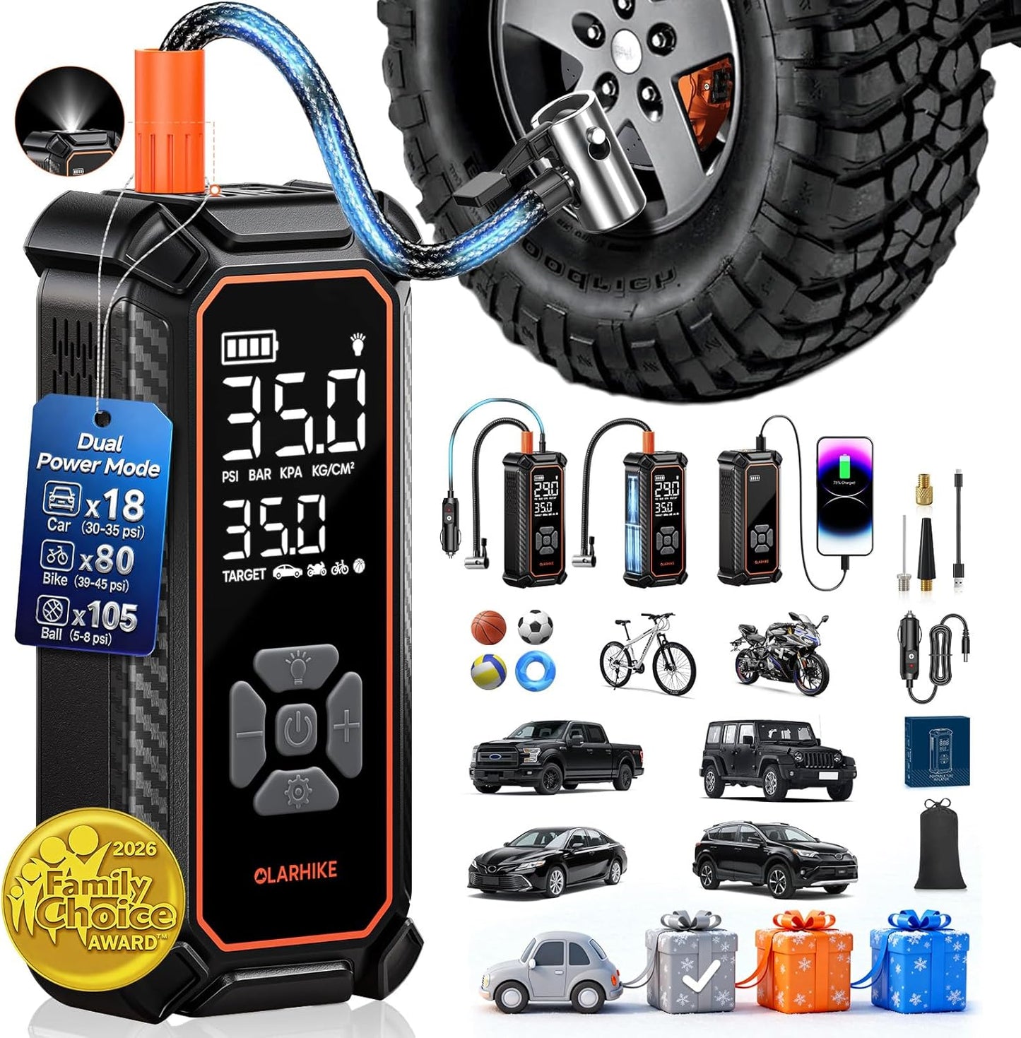 OlarHike Portable Tire Inflator - 150PSI Dual Power Air Compressor with LED & Digital Gauge | 6000mAh & 12V DC