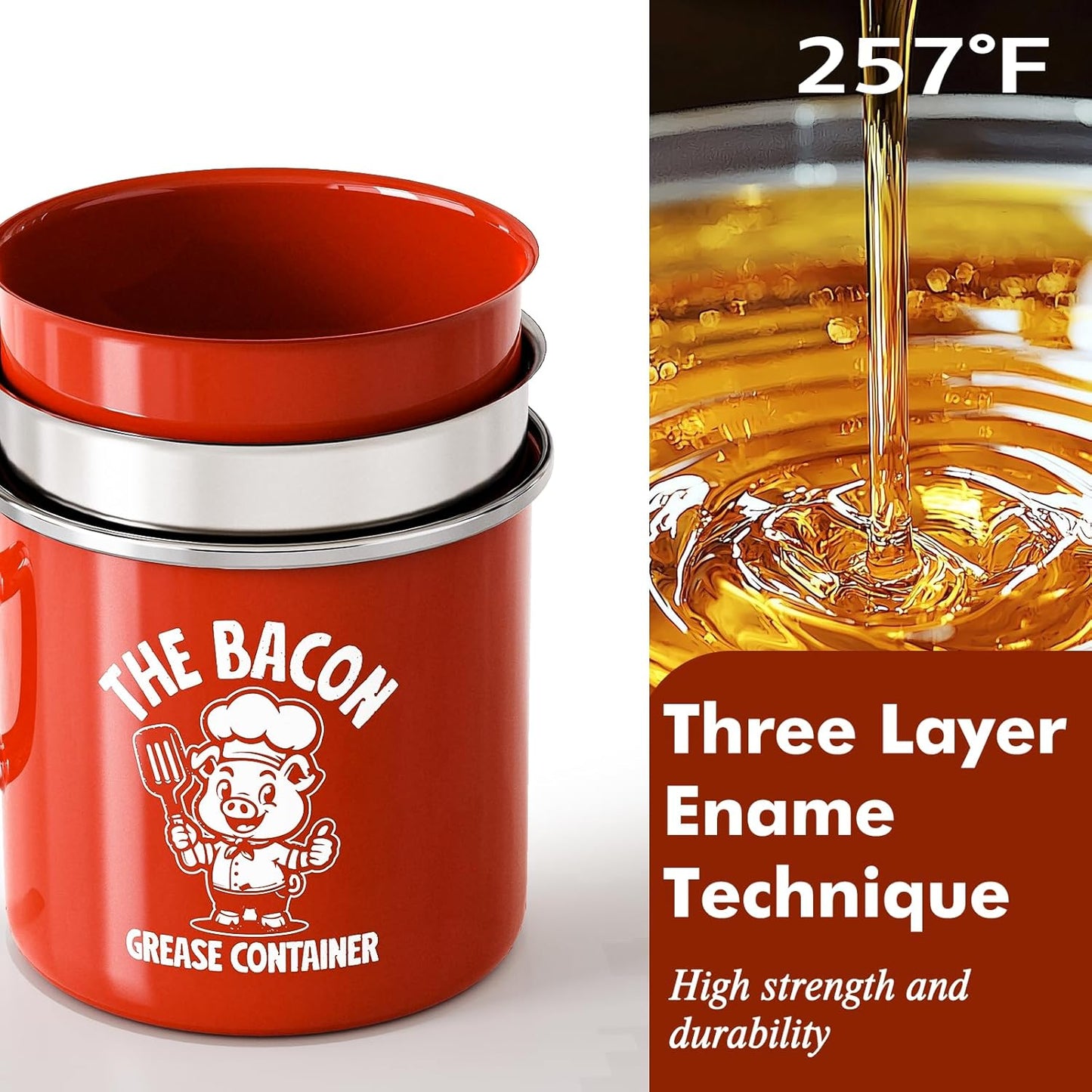 PGYARD Mini Bacon Grease Saver - 15oz Enamel Container with Strainer | Farmhouse Kitchen Fat Keeper - Red