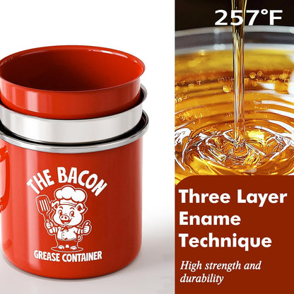 PGYARD Mini Bacon Grease Saver - 15oz Enamel Container with Strainer | Farmhouse Kitchen Fat Keeper - Red