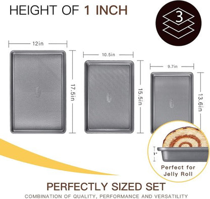 HONGBAKE Nonstick Ceramic Baking Sheet Pan Set - 3 Pack Half/Quarter/Jelly Roll Pans | Charcoal Gray
