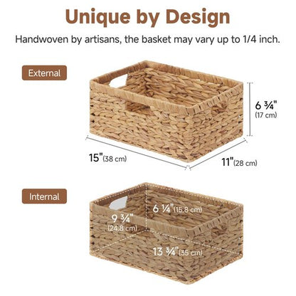 StorageWorks Large Rectangular Wicker Basket, Water Hyacinth Storage Basket with Built-in Handles, 1 Pack