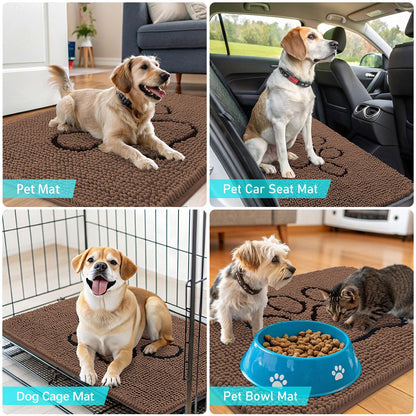 OLANLY Dog Door Mat for Muddy Paws 36x24, Paw Print Design, Absorbs Moisture and Dirt, Absorbent Non-Slip Washable Doormat, Quick Dry Chenille Mud Mat for Dogs, Entry Indoor Entryway Carpet, Mocha