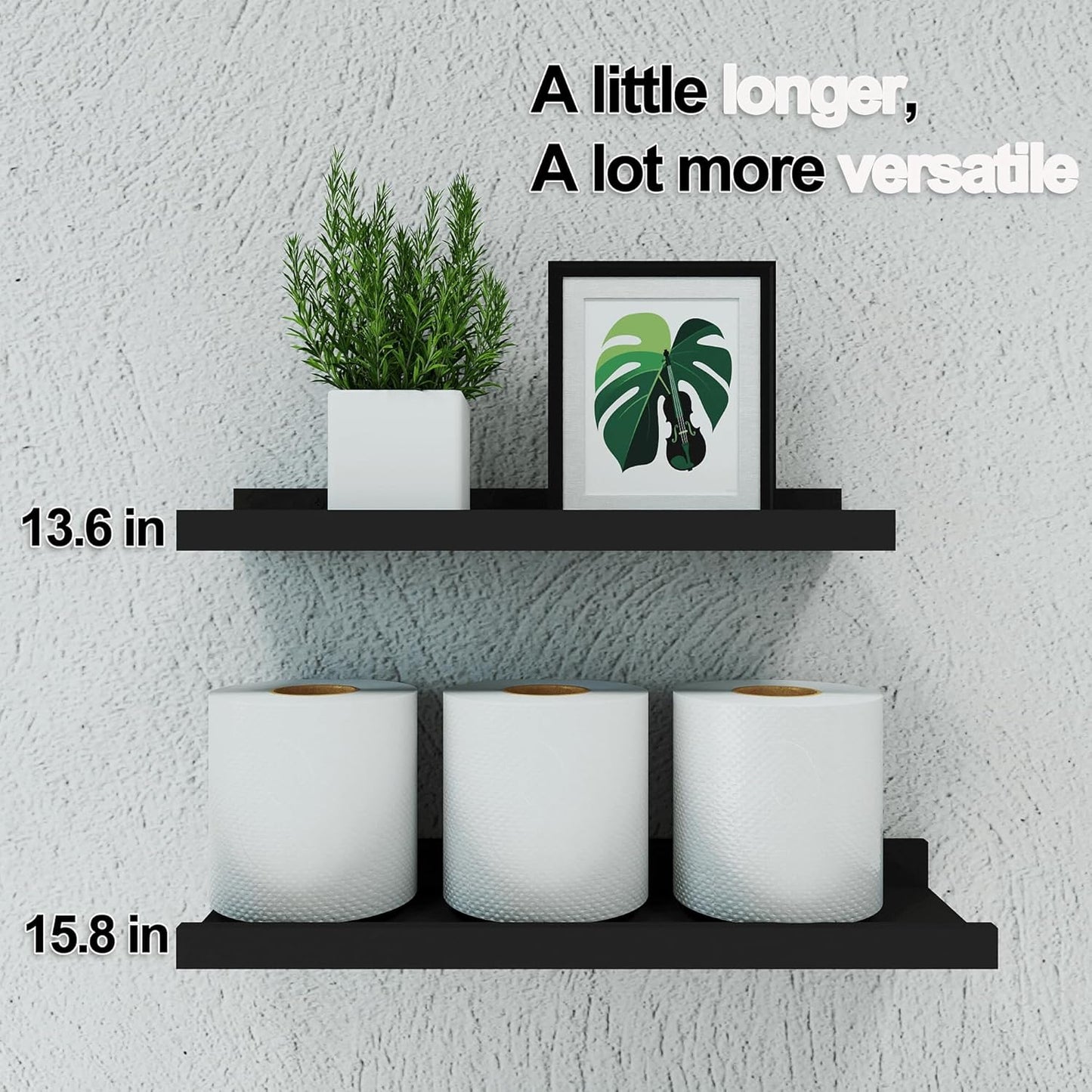 Skiennix Black Floating Shelves - Wall-Mounted Wood Storage for Bedroom, Living Room & Kitchen | Set of 2, 14 Inches