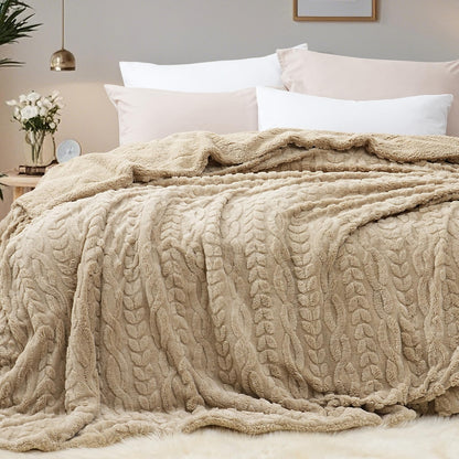 PHF Fluffy Sherpa Blanket King Size for Winter, Warm and Soft, 510GSM 3D Jacquard Thick Shaggy Fleece Plush Blanket for Sofa Bed, Khaki, 108"x90"
