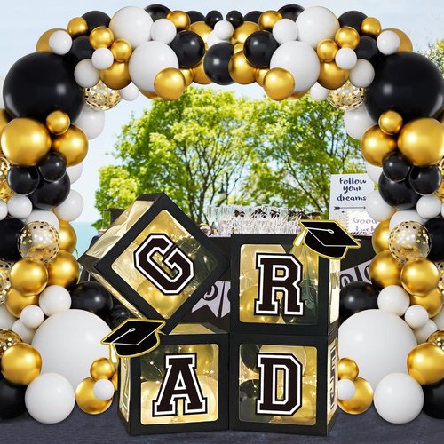 DAZONGE Graduation Decorations 2026 - Black and Gold Set with 4 Grad Boxes, 139pcs Balloon Arch & 4 Light Strings