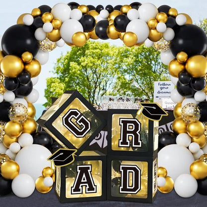 DAZONGE Graduation Decorations 2026 - Black and Gold Set with 4 Grad Boxes, 139pcs Balloon Arch & 4 Light Strings