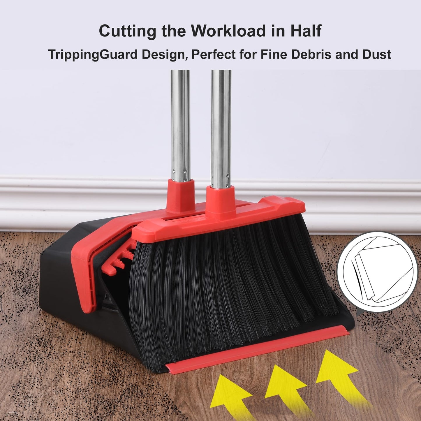 Tiumso Upgrade Broom with Dustpan Combo Set, Broom and Dustpan Set with 51'' Long Handle, Dust Pan and Brooms, ZeroGap Lip, Self-Cleaning Dustpans Teeth for Lobby Kitchen Restaurant - Black and Red