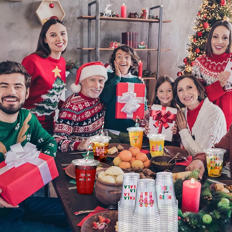 12 oz Christmas Cups with Red & Green Straw Pack of 50 - Disposable Plastic Cups with Lids, Jingmore Variation: Red and Green+12 Ounces