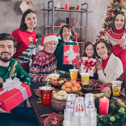 12 oz Christmas Cups with Red & Green Straw Pack of 50 - Disposable Plastic Cups with Lids, Jingmore Variation: Red and Green+12 Ounces