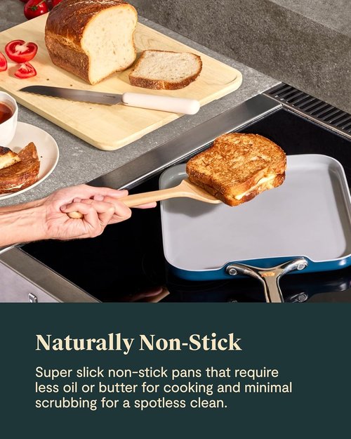Caraway Square Cookware Set - Non-Stick Ceramic Pans for Griddling & Searing - PTFE & PFOA Free - Cream