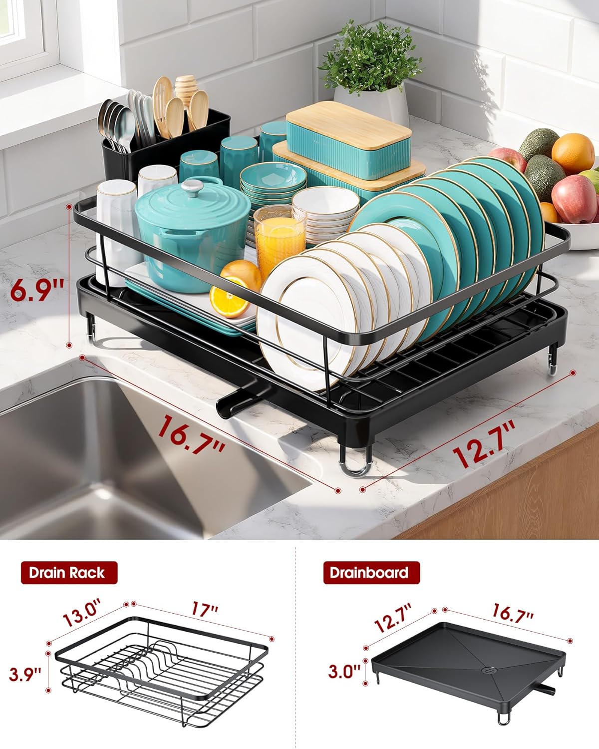 Skiennix Stainless Steel Dish Drying Rack - Kitchen Counter Organizer with Utensil Holder | 12.5''W x 16.5''L, Black