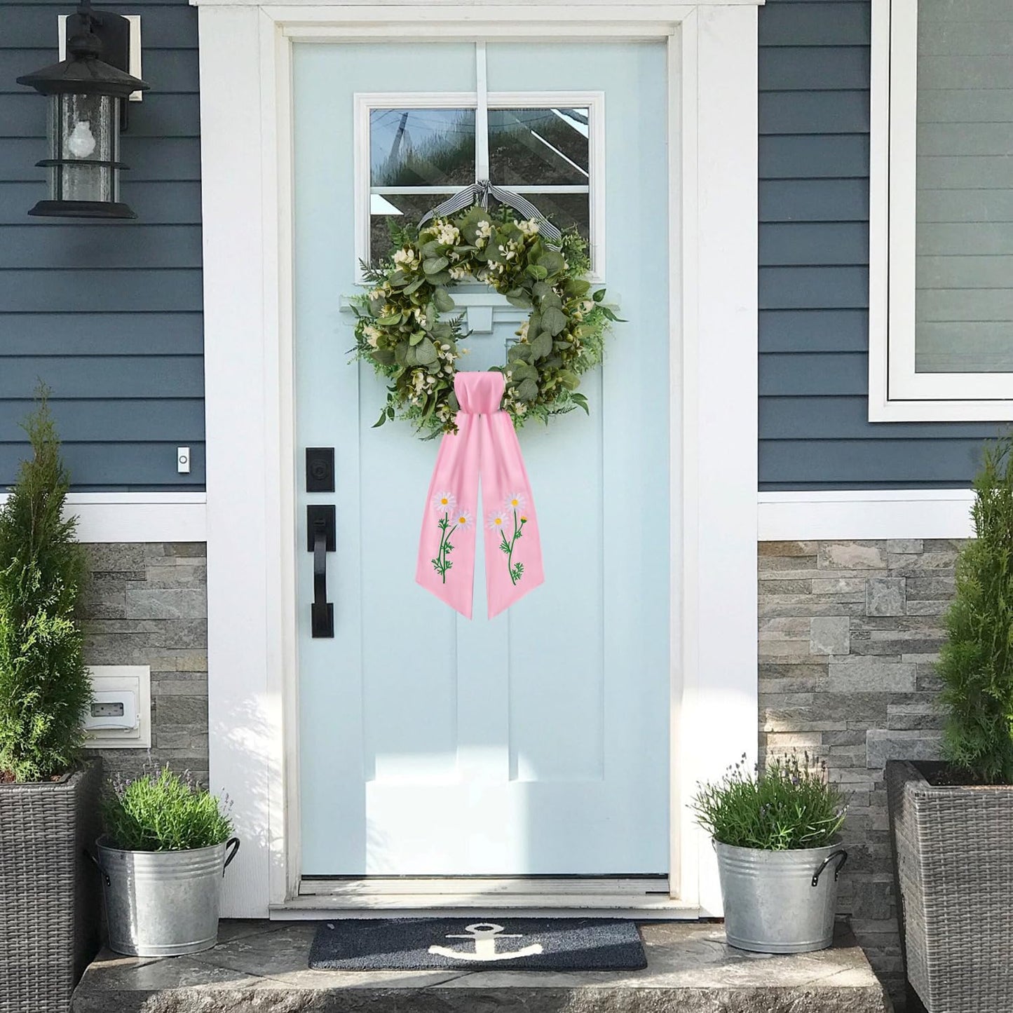 Skiennix 2 Pack Daisy Floral Wreath Sash - Embroidered Spring Ribbon Decor for Front Door | Pink