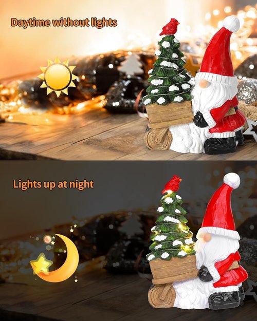 iStatue Santa Gnome Figurine - Lighted Mini Christmas Tree & Cardinal Decor - 9.5 Inch Holiday Tabletop Decor