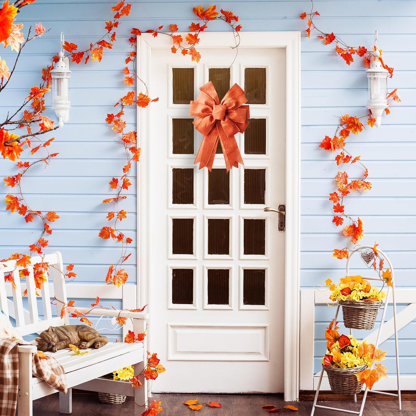 Skiennix Large Fall Bow Wreath | Thanksgiving Decor with Buffalo Bows - Orange Holiday Decoration