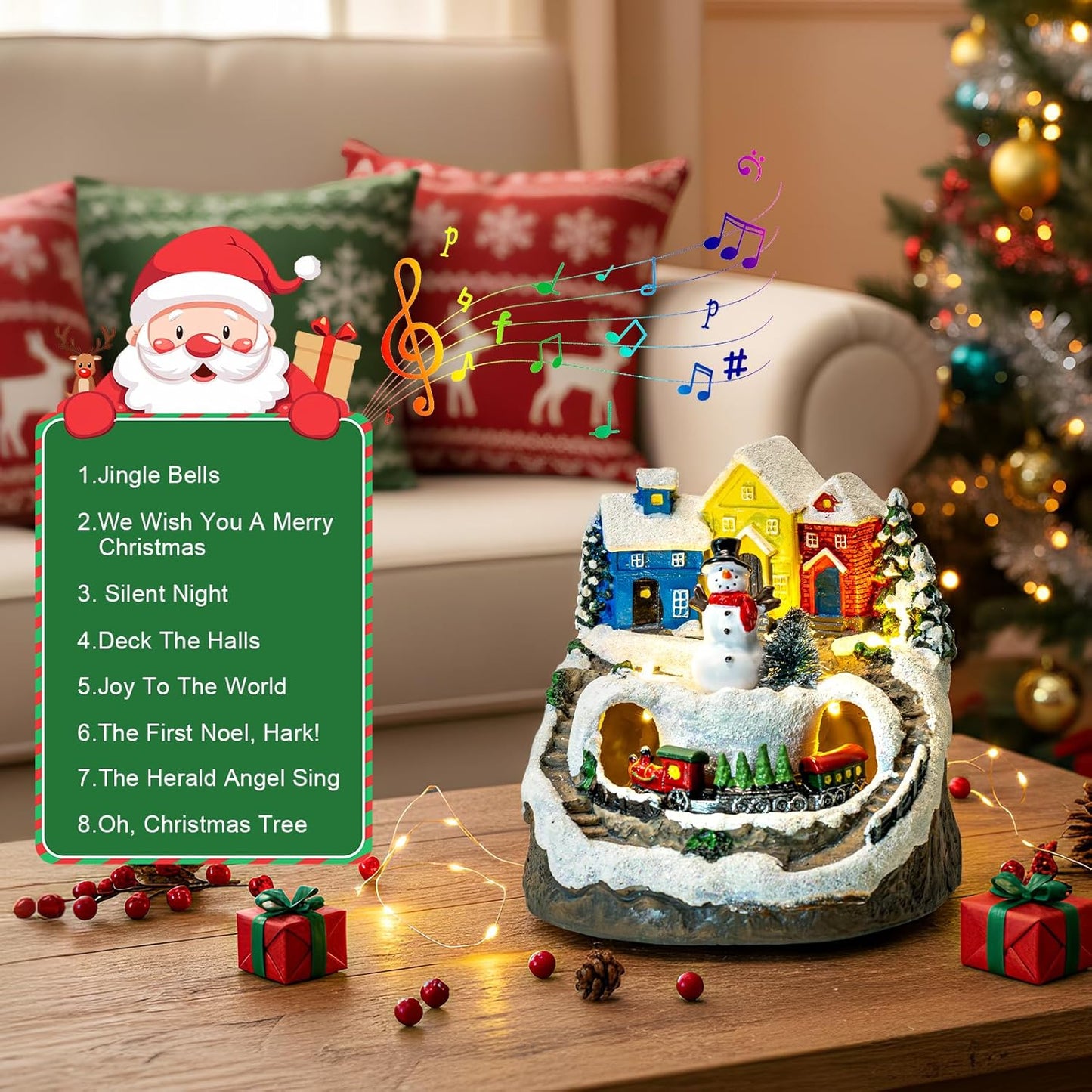 ZQQLITE Animated Musical Christmas Snowman Village - Lighted Figurines with Rotating Train | Holiday Tabletop Decor