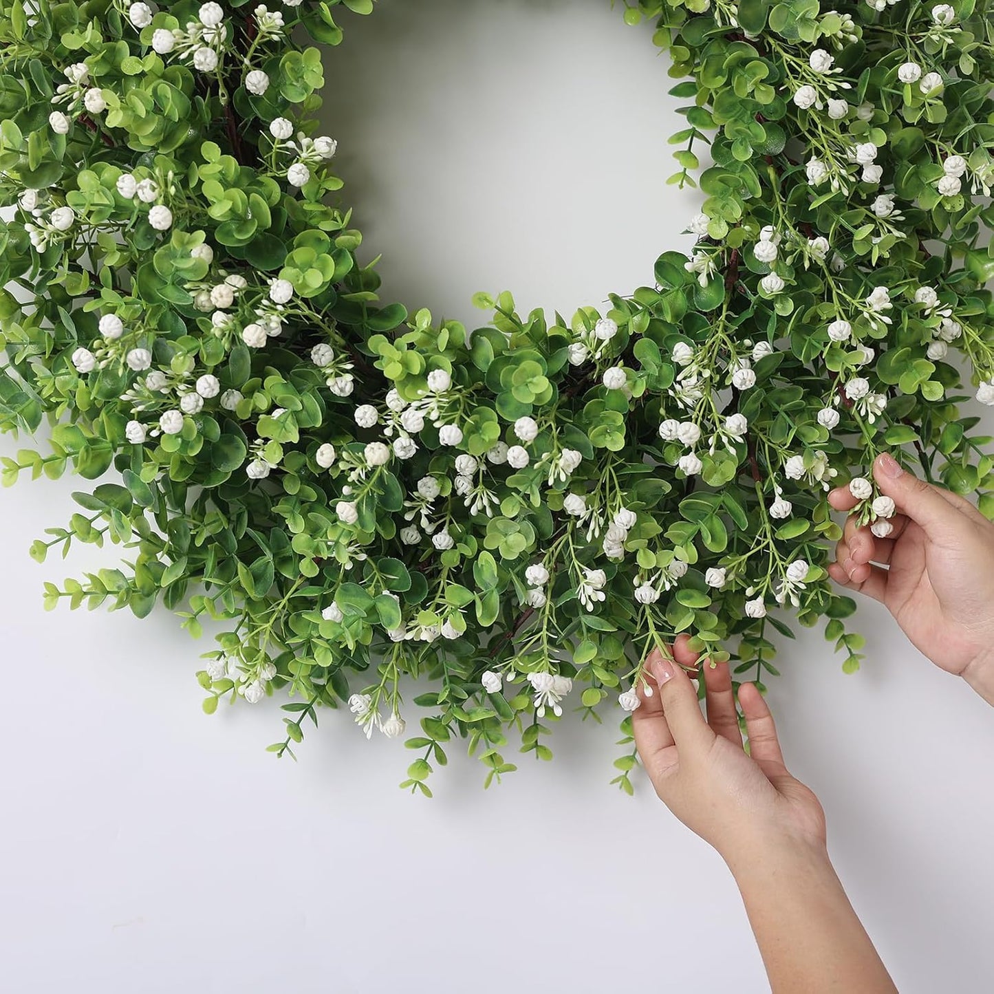 Skiennix 26" Artificial Eucalyptus Wreath - Faux Greenery with Baby's Breath for Front Door Decor