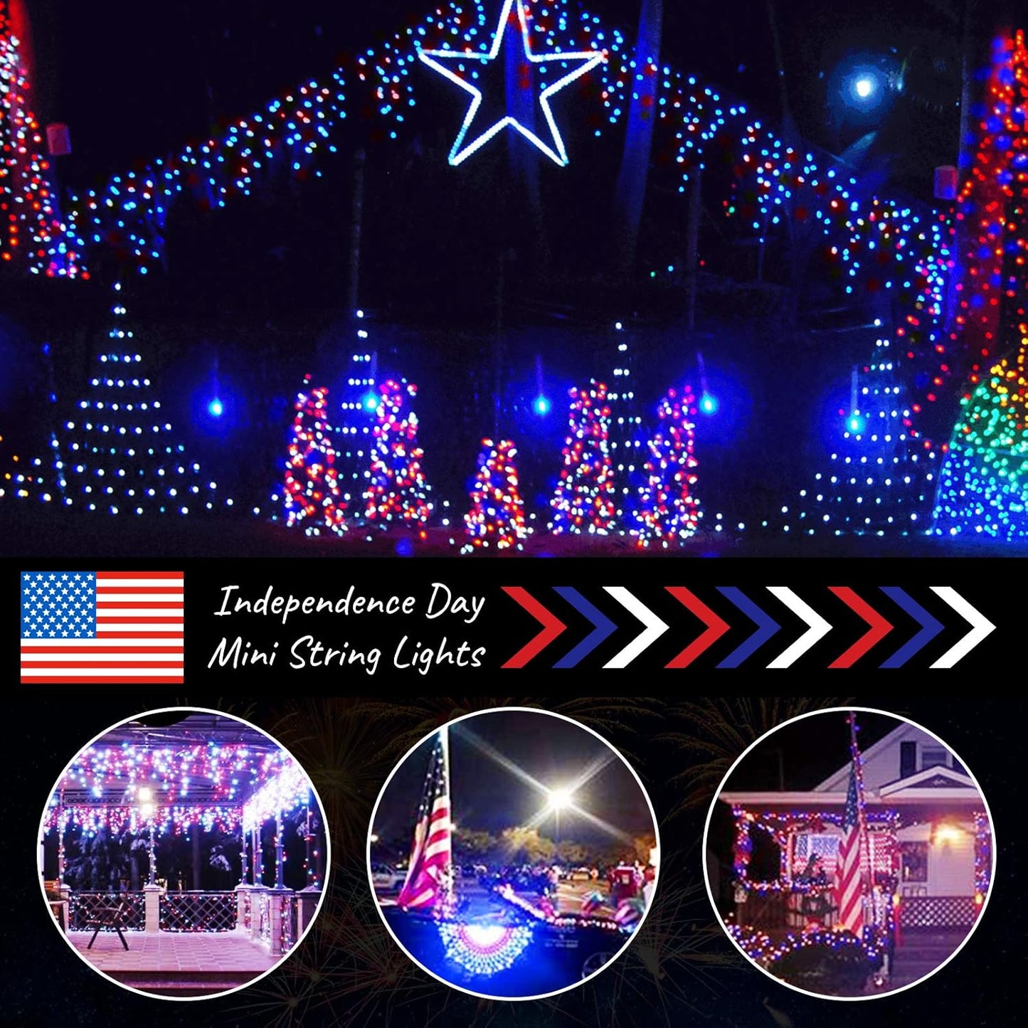 Patriotic Mini Lights - 100 Count Waterproof String Lights for 4th of July | Red, White & Blue