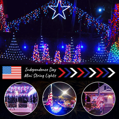 Patriotic Mini Lights - 100 Count Waterproof String Lights for 4th of July | Red, White & Blue