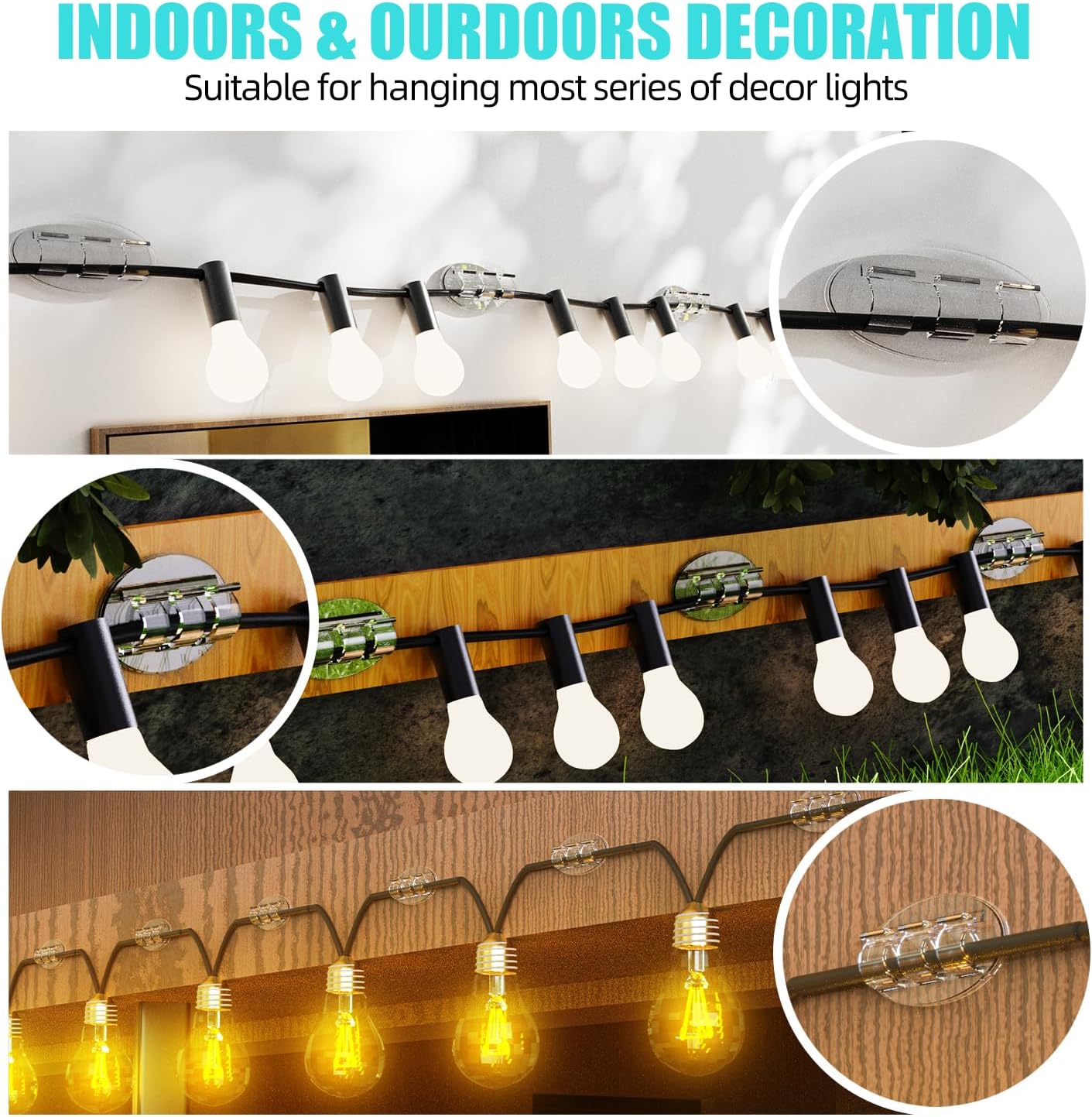Skiennix Heavy-Duty Hooks for Outdoor String Lights - 30Pcs Waterproof Adhesive Clips for Easy Hanging