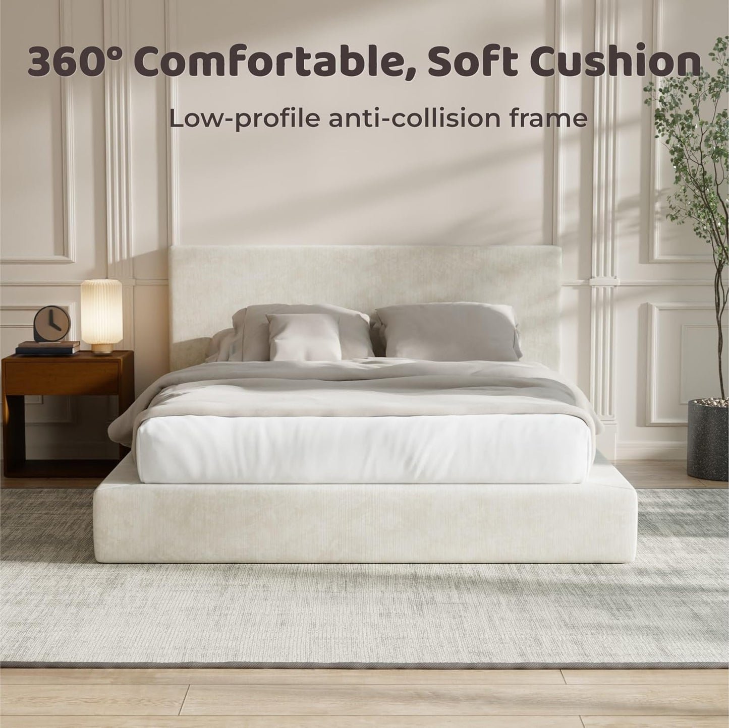 RECCI AirFrame Queen Bed Frame - Cloud Upholstered Platform with Cushioned Headboard | Easy Assembly, Beige Chenille