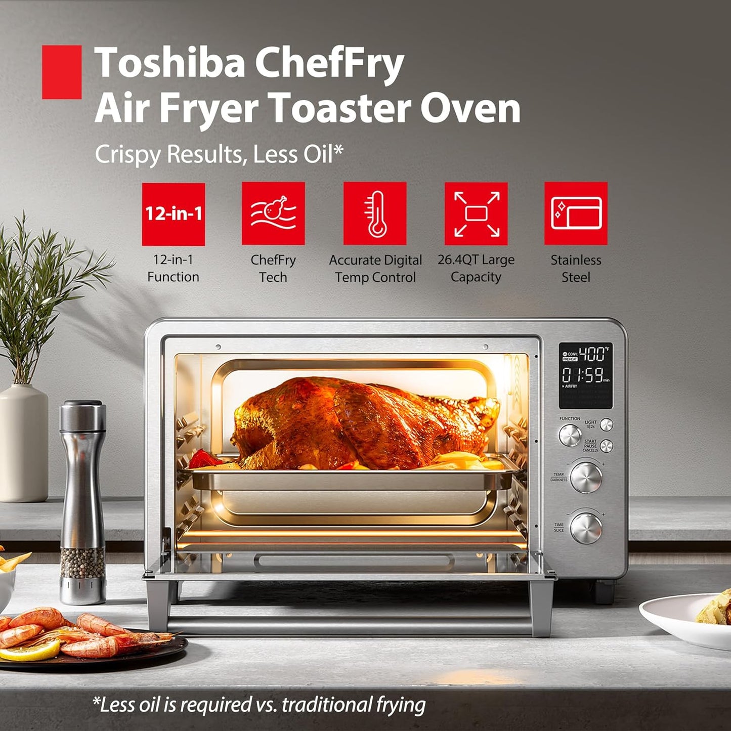 TOSHIBA ChefFry Air Fryer Toaster Oven - 26.4-Quart Capacity, Stainless Steel | Toast, Bake, Broil & Dehydrate