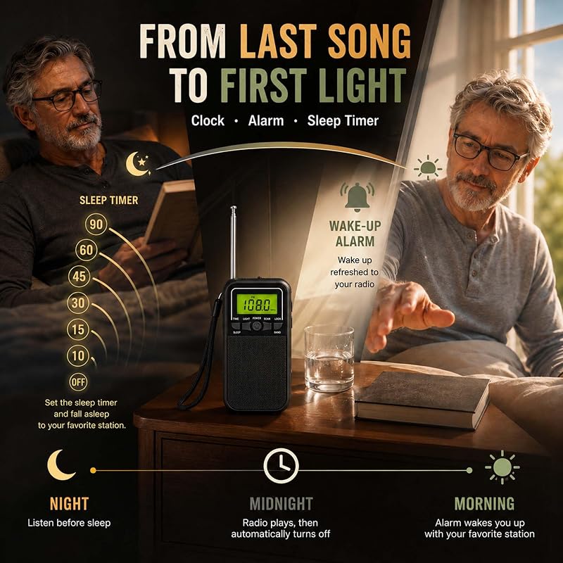 Portable AM FM Radio with Alarm, Sleep Timer & Flashlight