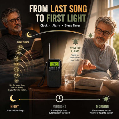 Portable AM FM Radio with Alarm, Sleep Timer & Flashlight