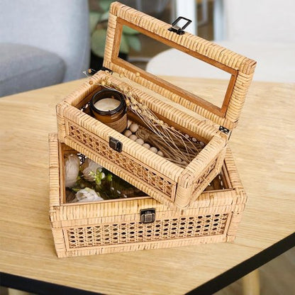 HUAXIN CRAFT Rattan Decorative Box Set - Rectangular Woven Design with Glass Lid for Stylish Display