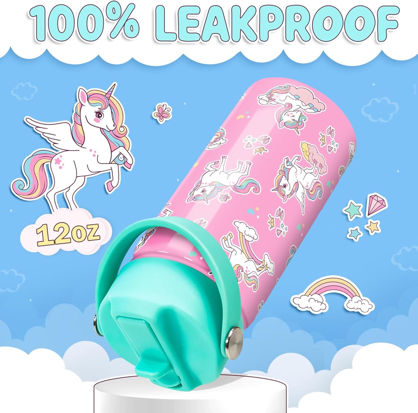 Skiennix Unicorn Water Bottle - 12 Oz Insulated Stainless Steel with Straw Lid | Perfect for Kids