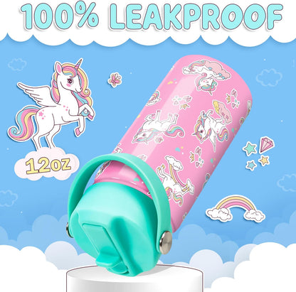 Skiennix Unicorn Water Bottle - 12 Oz Insulated Stainless Steel with Straw Lid | Perfect for Kids