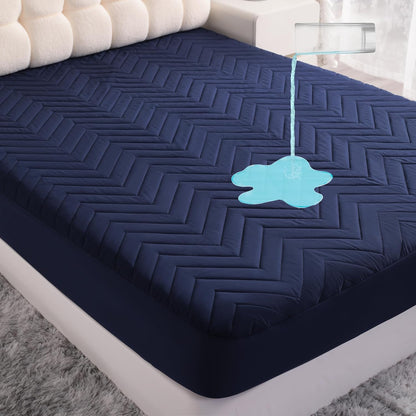NTBAY Waterproof Mattress Protector - Quilted Twin Fitted Cover with 15" Deep Pocket | Soft, Breathable, Machine Washable - Navy Blue