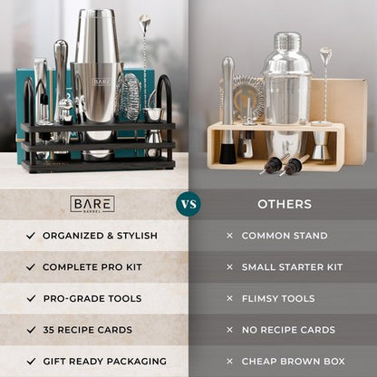 BARE BARREL® Mixology Bartender Kit Bar Set | 14-Piece Cocktail Shaker Set | Martini Barware Mixing Tools for Home Bartending | 35 Recipe Cards | Gift Set (28oz Boston Shaker, Silver/Black)